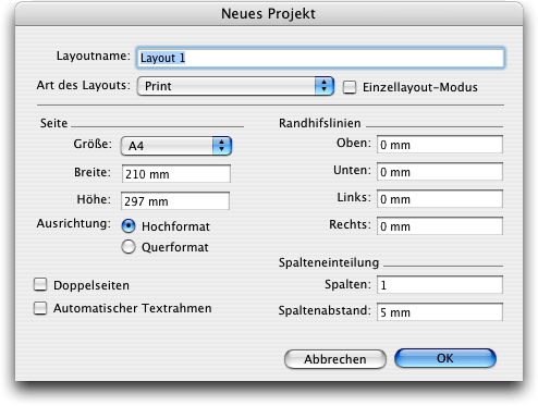 Screenshot – QuarkXPress Layoutvorgaben